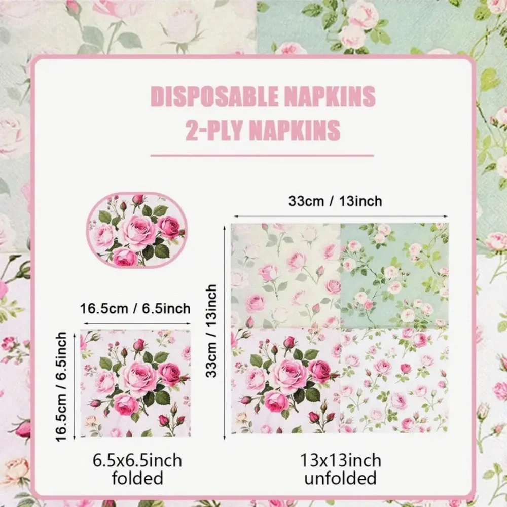 Set of 20 Four Unique Designs of Roses in One Floral Luncheon Napkins